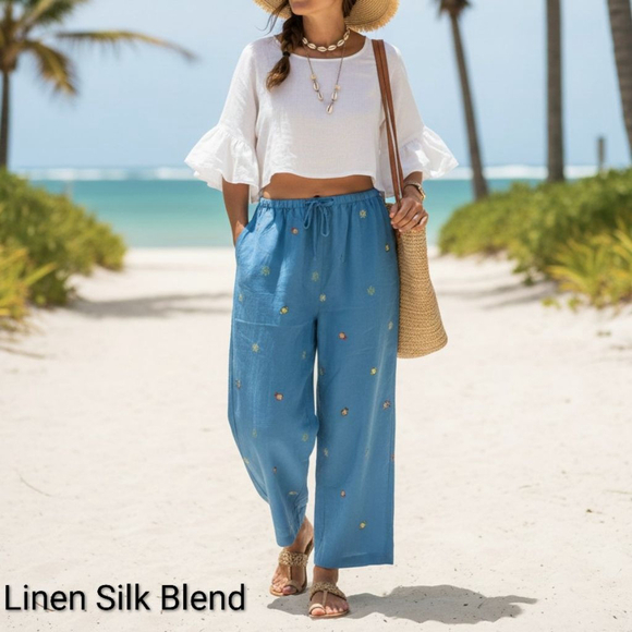 dressbarn Pants - Women's Blue Wide Leg Pants with Tropical Fish Embroidery 16W Resort Wear